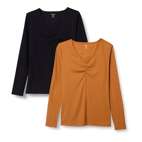 Amazon Essentials Damen Gerafftes, langärmliges Rippstrick-T-Shirt mit V-Ausschnitt und schmaler Passform, 2er-Pack, Schwarz/Karamell, XS Amazon Essentials Damen Gerafftes, langärmliges Rippstrick-T-Shirt mit V-Ausschnitt und schmaler Passform, 2er-Pack, Schwarz/Karamell, XS von Amazon Essentials