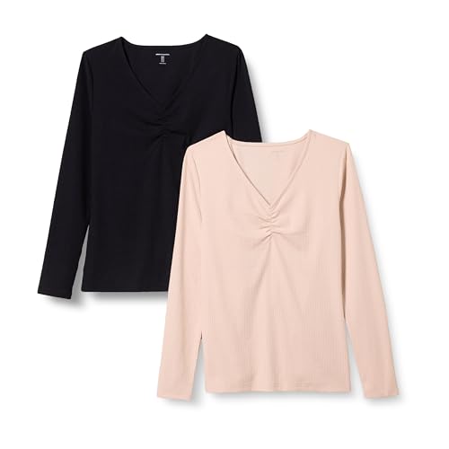Amazon Essentials Damen Gerafftes, langärmliges Rippstrick-T-Shirt mit V-Ausschnitt und schmaler Passform, 2er-Pack, Schwarz/Zartrosa, L von Amazon Essentials