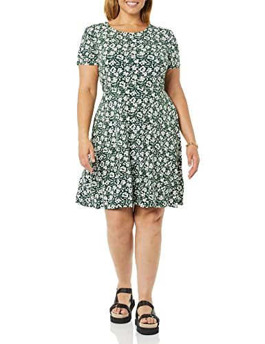 Amazon Essentials Damen Gerafftes A-Linien-Kleid mit kurzen Ärmeln und Rundhalsausschnitt (in Übergröße erhältlich), Dunkelgrün Floral, S von Amazon Essentials