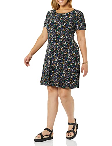 Amazon Essentials Damen Gerafftes A-Linien-Kleid mit kurzen Ärmeln und Rundhalsausschnitt (in Übergröße erhältlich), Schwarz Streublumen, M von Amazon Essentials
