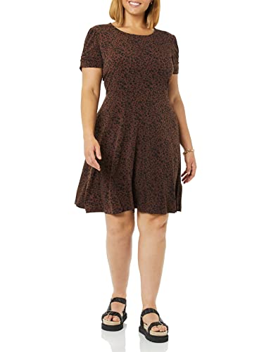 Amazon Essentials Damen Gerafftes A-Linien-Kleid mit kurzen Ärmeln und Rundhalsausschnitt (in Übergröße erhältlich), Dunkles Toffee Braun Gepard, M von Amazon Essentials