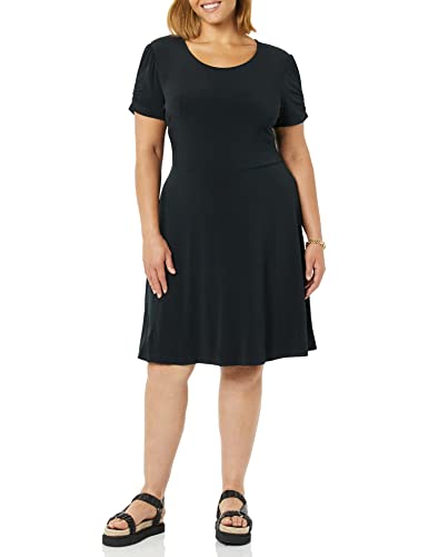 Amazon Essentials Damen Gerafftes A-Linien-Kleid mit kurzen Ärmeln und Rundhalsausschnitt (in Übergröße erhältlich), Schwarz, XS von Amazon Essentials