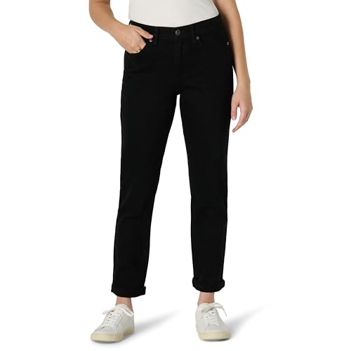 Amazon Essentials Damen Geringfügig Elastische Boyfriend-Crop-Jeans mit Mittelhohem Bund, Schwarz, 46 von Amazon Essentials
