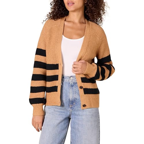 Amazon Essentials Damen Gerippte Soft-Touch-Blouson-Strickjacke, Kamelbraun Meliert Schwarz Streifen, XXL von Amazon Essentials