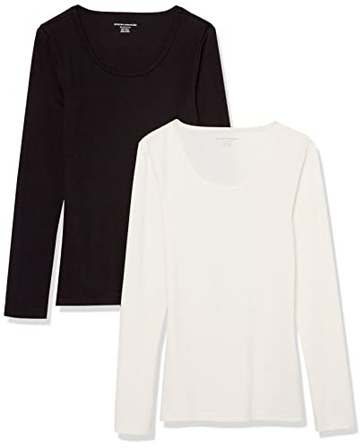 Amazon Essentials Damen Gerippter Pullover mit geripptem U-Ausschnitt mit schmaler Passform (erhältlich in Übergröße), 2er-Pack, Eierschalenweiß/Schwarz, XXL von Amazon Essentials