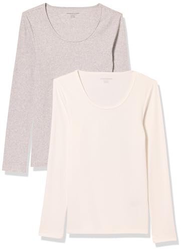 Amazon Essentials Damen Gerippter Pullover mit geripptem U-Ausschnitt mit schmaler Passform (erhältlich in Übergröße), 2er-Pack, Grau/Weiß, XS von Amazon Essentials