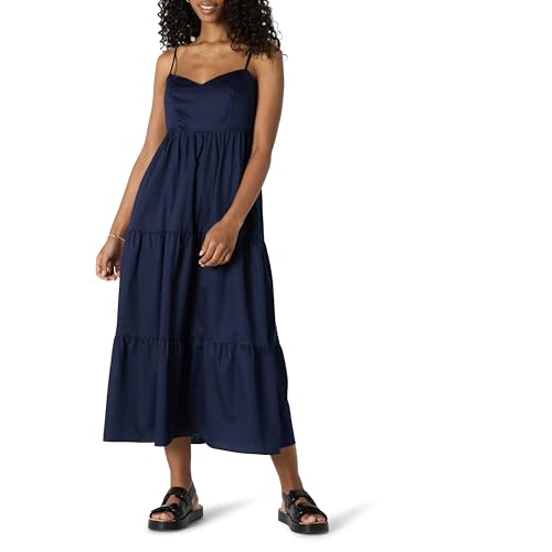 Amazon Essentials Damen Gestuftes Fit and Flare-Maxikleid aus Baumwollsatin mit Empire-Taille, Marineblau, M von Amazon Essentials