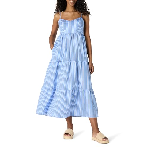 Amazon Essentials Damen Gestuftes Fit and Flare-Maxikleid aus Baumwollsatin mit Empire-Taille, Blau Weiß Streifen, XL von Amazon Essentials