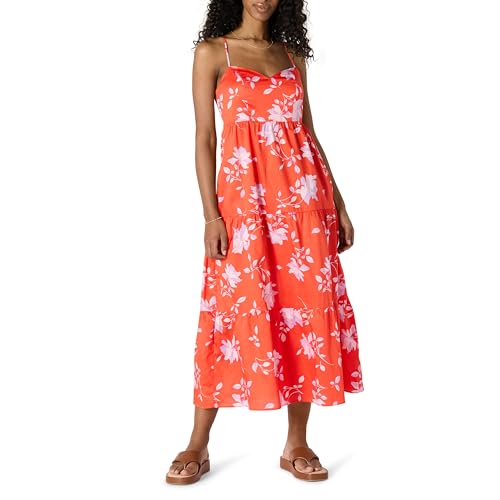 Amazon Essentials Damen Gestuftes Fit and Flare-Maxikleid aus Baumwollsatin mit Empire-Taille, Orange Lila Pastell Rosen Groß, XXL von Amazon Essentials