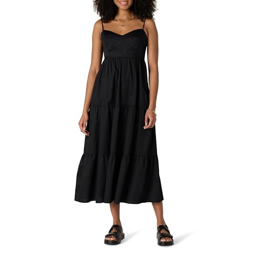 Amazon Essentials Damen Gestuftes Fit and Flare-Maxikleid aus Baumwollsatin mit Empire-Taille, Schwarz, M von Amazon Essentials