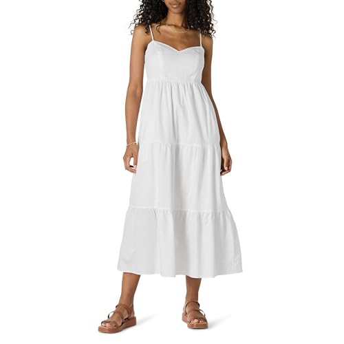 Amazon Essentials Damen Gestuftes Fit and Flare-Maxikleid aus Baumwollsatin mit Empire-Taille, Weiß, XL von Amazon Essentials