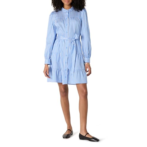 Amazon Essentials Damen Gestuftes Regular-Fit-Hemdblusenkleid aus Baumwollsatin, Blau Weiß Streifen, L von Amazon Essentials