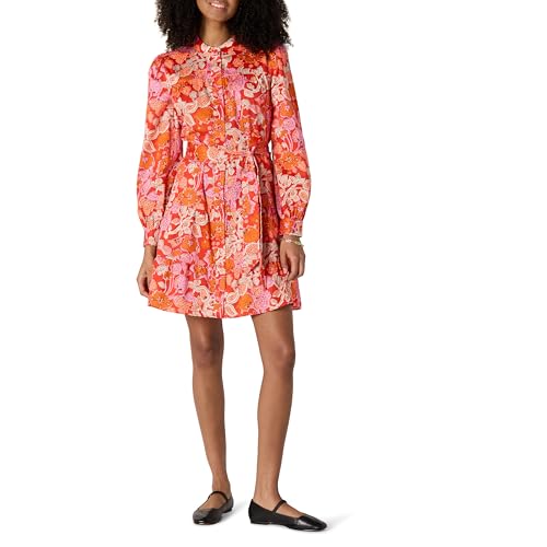 Amazon Essentials Damen Gestuftes Regular-Fit-Hemdblusenkleid aus Baumwollsatin, Kräftiges Mohnrot Zartrosa Mehrfarbig Folk-Blumenmuster, XXL von Amazon Essentials