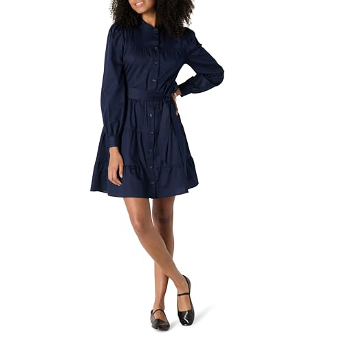 Amazon Essentials Damen Gestuftes Regular-Fit-Hemdblusenkleid aus Baumwollsatin, Marineblau, XS von Amazon Essentials