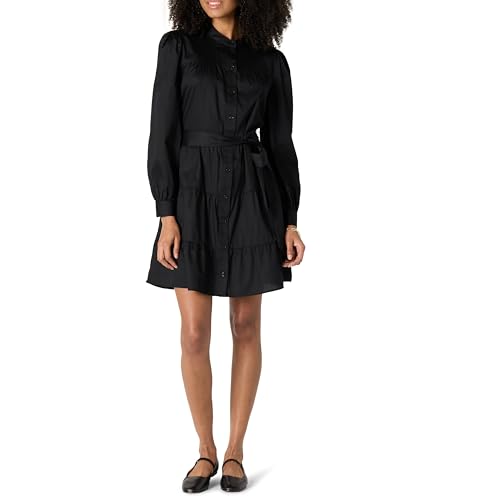 Amazon Essentials Damen Gestuftes Regular-Fit-Hemdblusenkleid aus Baumwollsatin, Schwarz, XXL von Amazon Essentials