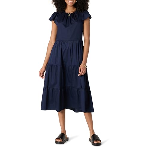 Amazon Essentials Damen Gestuftes Relaxed-Fit-Midikleid aus Baumwollsatin mit Rundhalsausschnitt, Marineblau, XXL von Amazon Essentials