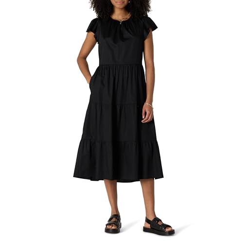 Amazon Essentials Damen Gestuftes Relaxed-Fit-Midikleid aus Baumwollsatin mit Rundhalsausschnitt, Schwarz, M von Amazon Essentials
