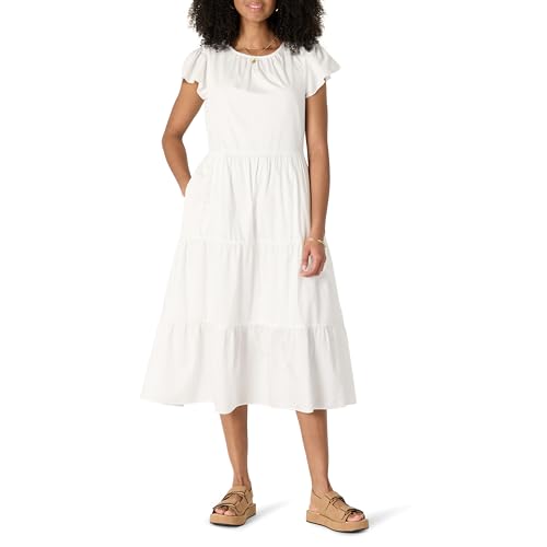 Amazon Essentials Damen Gestuftes Relaxed-Fit-Midikleid aus Baumwollsatin mit Rundhalsausschnitt, Weiß, L von Amazon Essentials