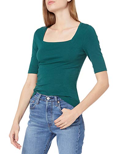 Amazon Essentials Damen Halbarm-T-Shirt mit eckigem Ausschnitt in schmaler Passform, Dunkelgrün, M von Amazon Essentials