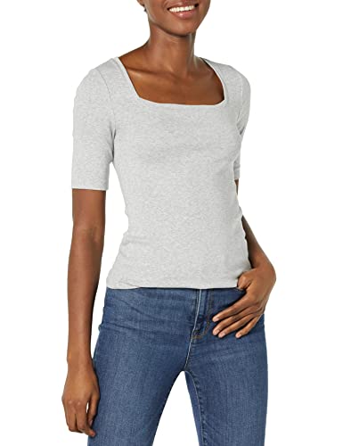 Amazon Essentials Damen Halbarm-T-Shirt mit eckigem Ausschnitt in schmaler Passform, Hellgrau Meliert, M von Amazon Essentials