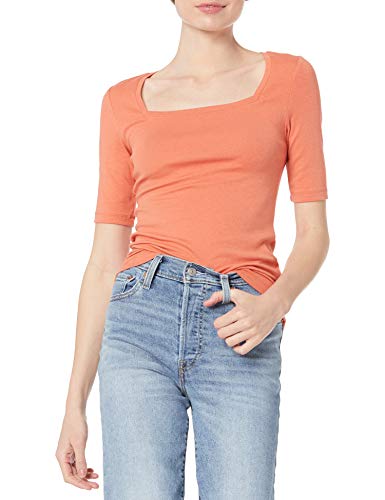 Amazon Essentials Damen Halbarm-T-Shirt mit eckigem Ausschnitt in schmaler Passform, Rostiges Orange, M von Amazon Essentials