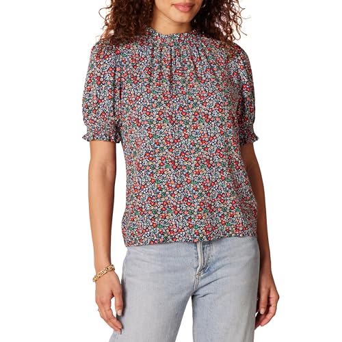 Amazon Essentials Damen Hemd Aus Fluid Twill Mit Kurzen Puffärmeln Und Smockdetails, Marineblau Multi Ditsey Wiese, XS von Amazon Essentials
