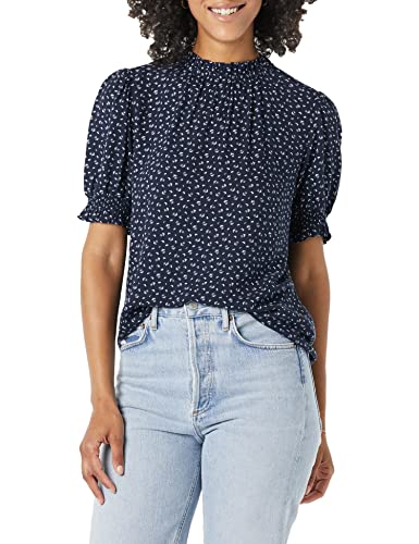 Amazon Essentials Damen Hemd Aus Fluid Twill Mit Kurzen Puffärmeln Und Smockdetails, Marineblau Weiß Ditsey Muster, XL von Amazon Essentials