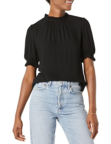 Amazon Essentials Damen Hemd Aus Fluid Twill Mit Kurzen Puffärmeln Und Smockdetails, Schwarz, L von Amazon Essentials