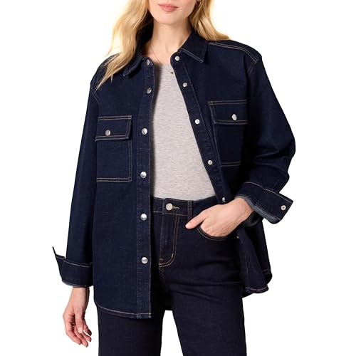 Amazon Essentials Damen Hemdjacke Aus Schwerem Denim In Oversized-Passform, Rinse Waschung, XL von Amazon Essentials