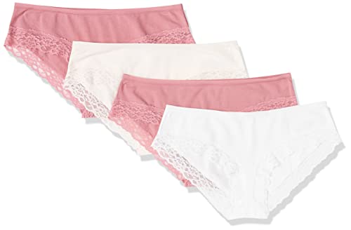 Amazon Essentials Damen Hipster-Unterwäsche Baumwolle und Spitze, 4er-Pack, Grellweiß/Blassrosa/Mauve, 44 von Amazon Essentials