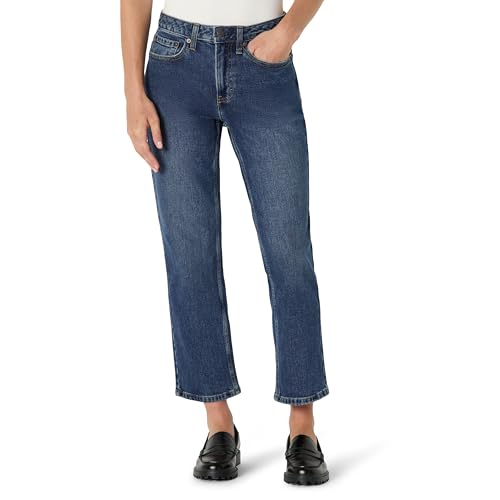 Amazon Essentials Damen Hoch Geschnittene Jeans mit Geradem Bein, Stone Dunkle Waschung, 46 Lang von Amazon Essentials