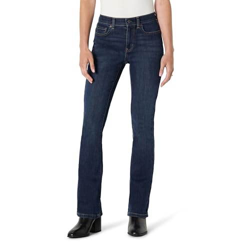 Amazon Essentials Damen Hochelastische, schmal geschnittene Bootcut-Jeans mit mittelhohem Einstieg, Dunkle Mitternacht, 44 Lang von Amazon Essentials