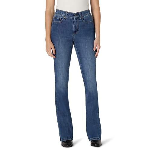 Amazon Essentials Damen Hochelastische, schmal geschnittene Bootcut-Jeans mit mittelhohem Einstieg, Klassische Mittlere Waschung, 40 Kurz von Amazon Essentials