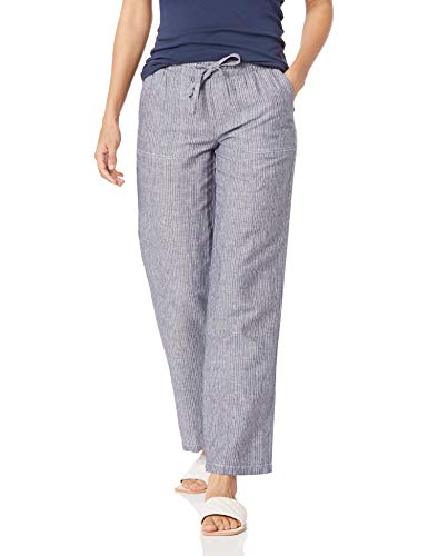 Amazon Essentials Damen Hose aus Leinengemisch mit Kordelzug lockere Passform weites Bein (in Übergröße erhältlich), Grau Vertikale Streifen, L von Amazon Essentials