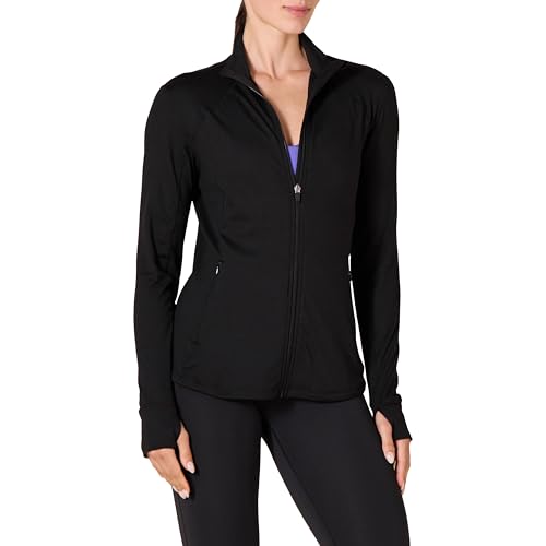 Amazon Essentials Damen Jacke aus Angerautem Tech-Stretch mit Langem Reißverschluss (Erhältlich in Übergröße), Schwarz, L von Amazon Essentials