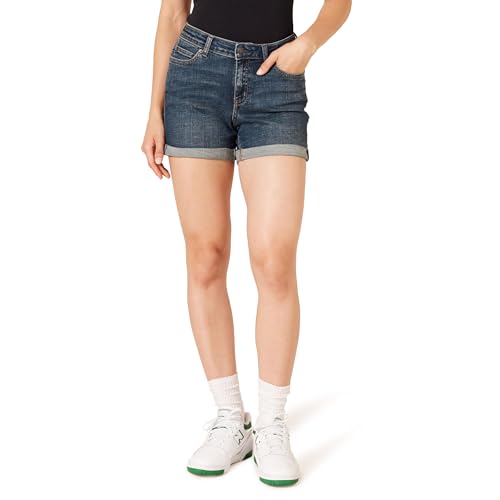 Amazon Essentials Damen Jeansshorts In Schmaler Passform Mit Mittelhohem Bund, 10 cm, Dunkles Jeansblau, 38 von Amazon Essentials