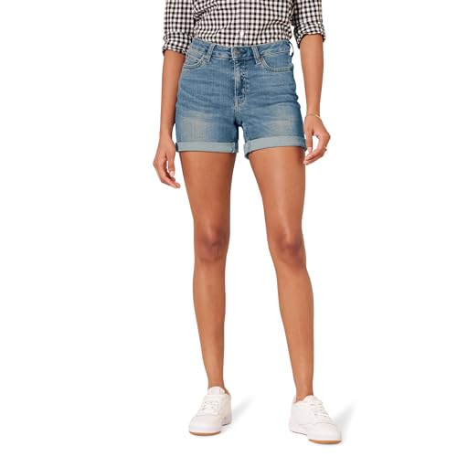 Amazon Essentials Damen Jeansshorts In Schmaler Passform Mit Mittelhohem Bund, 10 cm, Mittlere Waschung, 44 von Amazon Essentials