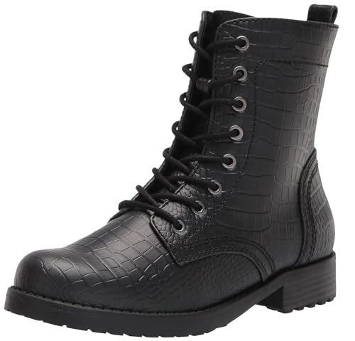 Amazon Essentials Damen Kampfstiefel mit Schnürung-Auslauffarben, Schwarz Krokodilaufddruck, 37.5 EU von Amazon Essentials