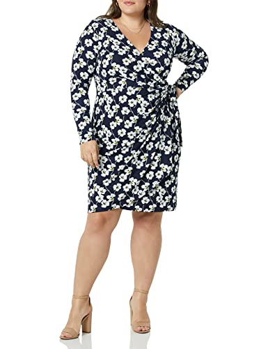 Amazon Essentials Damen Klassisches Wickelkleid mit Langen Ärmeln (erhältlich in Übergröße), Marineblau Blumen, XS von Amazon Essentials