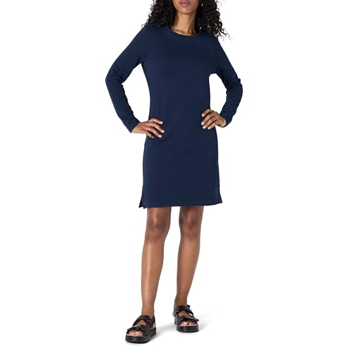 Amazon Essentials Damen Langärmliges Fleecekleid mit Rundhalsausschnitt und Überknielänge, Marineblau, XS von Amazon Essentials