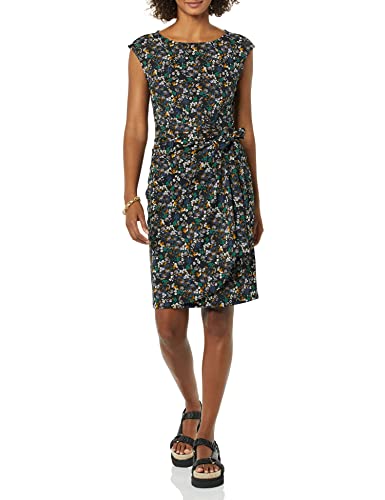 Amazon Essentials Damen Kleid in Wickeloptik mit Flügelärmeln und U-Boot-Ausschnitt, Schwarz Streublumen, L von Amazon Essentials