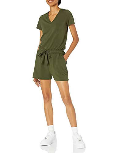Amazon Essentials Damen Kurzärmeliger Playsuit mit V-Ausschnitt aus Superweichem Terry-Frottee (Früher Daily Ritual), Olivgrün, XL von Amazon Essentials