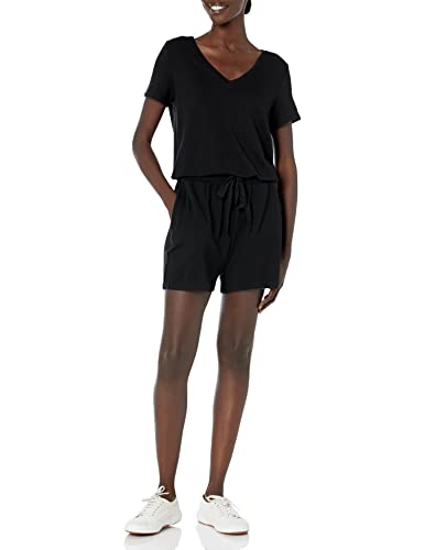 Amazon Essentials Damen Kurzärmeliger Playsuit mit V-Ausschnitt aus Superweichem Terry-Frottee (Früher Daily Ritual), Schwarz, XL von Amazon Essentials