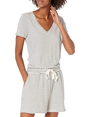 Amazon Essentials Damen Kurzärmeliger Playsuit mit V-Ausschnitt aus Superweichem Terry-Frottee (Früher Daily Ritual), Schwarz Weiß Thin Stripe, L von Amazon Essentials
