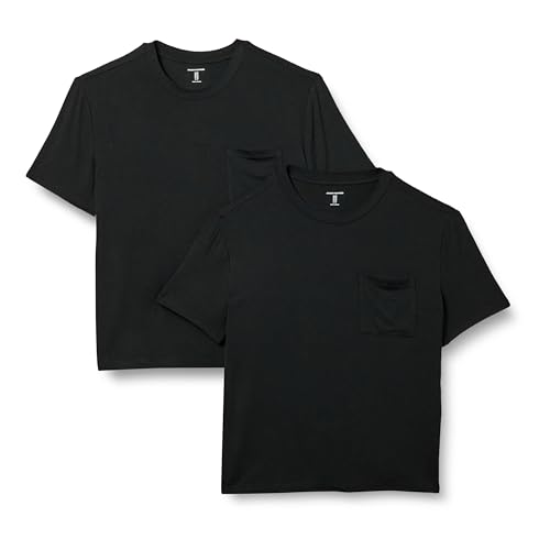 Amazon Essentials Damen Kurzärmeliges Rundhals-T-Shirt aus Jersey mit Tasche, Bequeme Passform, 2er-Pack, Schwarz, L von Amazon Essentials