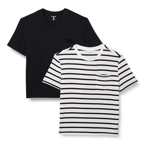 Amazon Essentials Damen Kurzärmeliges Rundhals-T-Shirt aus Jersey mit Tasche, Bequeme Passform, 2er-Pack, Schwarz/Weiß Bretonstreifen, XL von Amazon Essentials