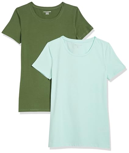 Amazon Essentials Damen Kurzärmeliges T-Shirt mit Rundhalsausschnitt, Klassischer Schnitt, 2er-Pack, Armeegrün/Minzgrün, XS von Amazon Essentials