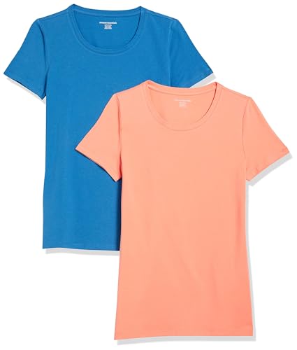 Amazon Essentials Damen Kurzärmeliges T-Shirt mit Rundhalsausschnitt, Klassischer Schnitt, 2er-Pack, Blau/Korallenorange, L von Amazon Essentials