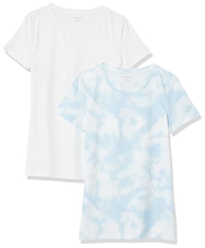 Amazon Essentials Damen T-Shirt mit kurzen Ärmeln und Rundhalsausschnitt in normaler Passform, 2er-Pack, Blau Batik/Weiß, XXL von Amazon Essentials