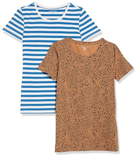 Amazon Essentials Damen T-Shirt mit kurzen Ärmeln und Rundhalsausschnitt in normaler Passform, 2er-Pack, Blau Streifen/Kamelbraun Tier, S von Amazon Essentials